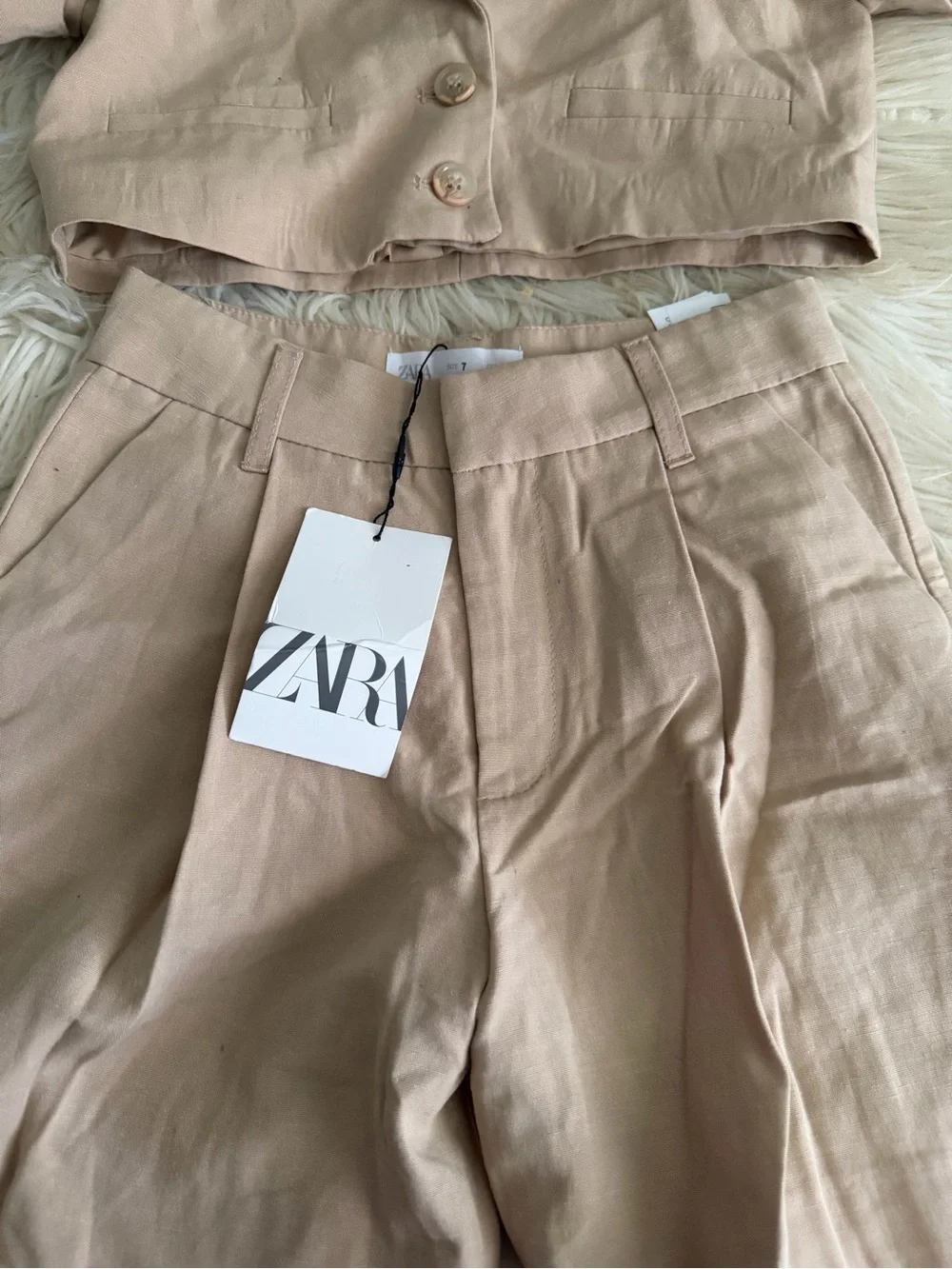 Zara Girls Beige Cropped Blazer and High-Waist Shorts Set